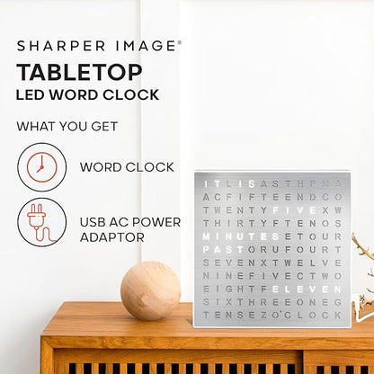 Sharper Image LED Word Digital Clock, 7.75", Silver Finish, Light-Up Desk & Wall Clock, Modern Time Display, Shelf or Wall Decor for Home Office, Living Room, Kitchen & Bedroom, Housewarming Gift