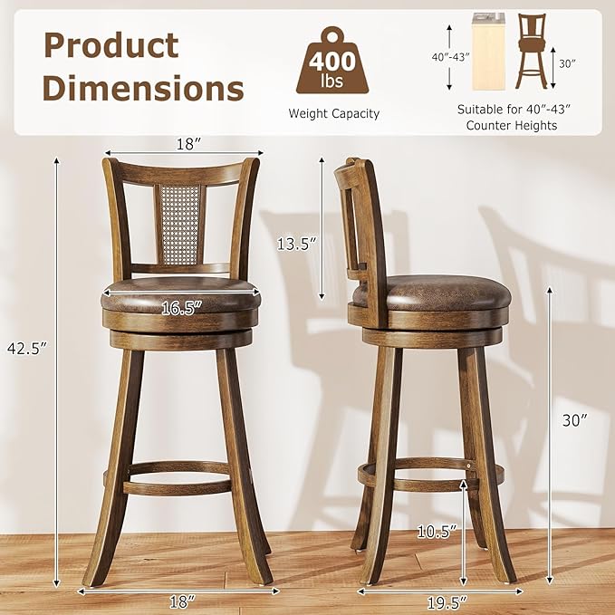 COSTWAY Barstools Set of 4, 30” Solid Rubber Wood Swivel Bar Chairs with Faux Leather Seat, Curved PE Rattan Back, for Living Room & Kitchen Island, Brown (4, 30” Seat Height)