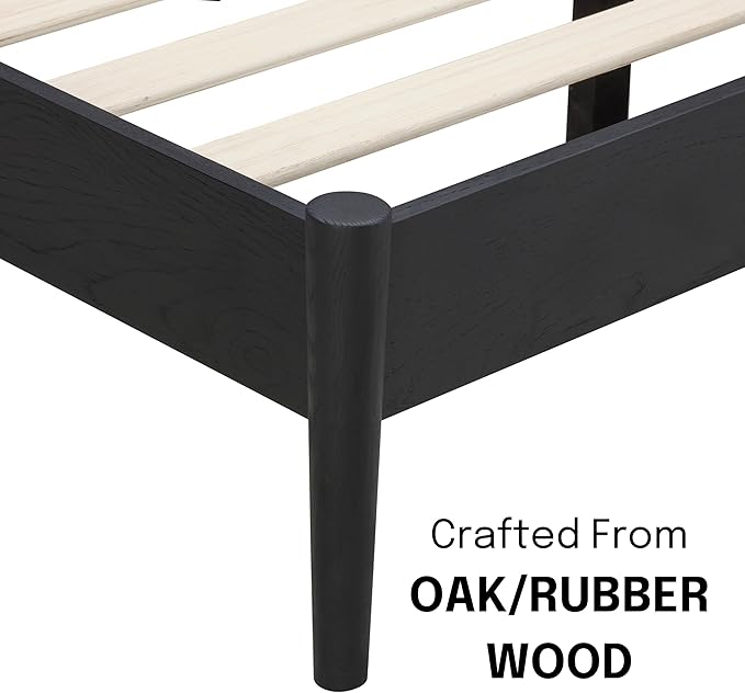 NTC Inno Wooden Bed Frame with Headboard, Solid Oak and Rubber Wood Foundation with Silent Slats and Wood Central Supports, 1000 Lb Capacity, Effortless Assembly, Queen - Burnt Black