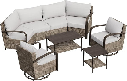 COOS BAY Aurora Terrace Half-Moon Outdoor Furniture Set, Rattan Conversation Set with Swivel Rockers, Curved 4-Seat Sofa, Coffee Table & Side Table, Seats 6, Beige/Beige