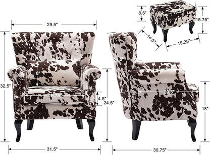 chairus Mid-Century Modern Accent Chairs with Ottoman Set of 2, Comfy Velvet Single Sofa Chair Button Tufted Wingback Armchairs with Pillow for Living Room/Bedroom/Club - Cow