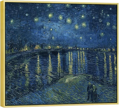Wieco Art Framed Art Canvas Prints of Starry Night Over The Rhone Canvas Prints Wall Art by Van Gogh Paintings Reproduction Abstract Artwork for Living Room Wall Decor Golden Frame