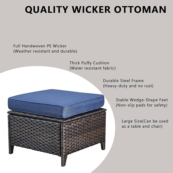 Rilyson Wicker Outdoor Patio Furniture Set - 4 Piece Patio Conversation Set with Swivel Rocker Chairs and Ottomans, 6 inch Cushions, High Back, Deep Seating, for Porch Deck Garden Brown/Blue