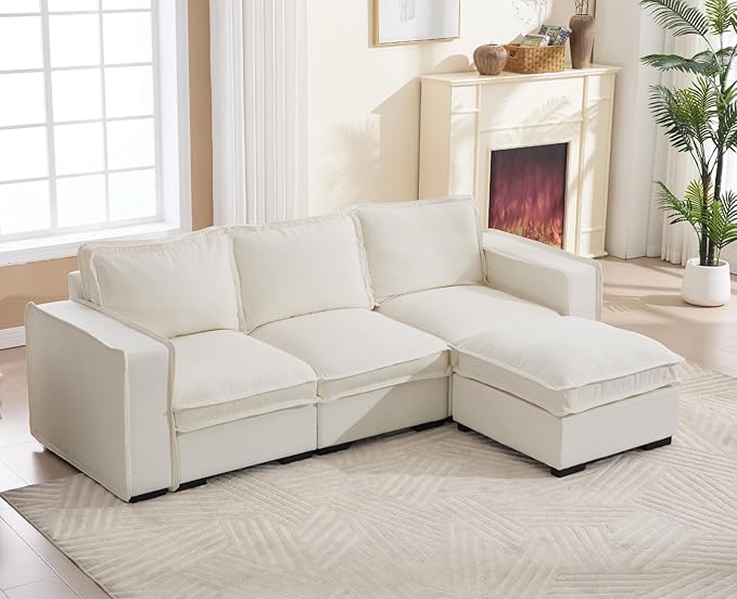 EALSON 93" Modular Sectional Sofa Comfy Cloud Couch with Ottoman Modern Convertible L Shape Couches with Wooden Legs Linen Deep Seat Couch 4-Seater Sofa for Living Room/Apartment, White