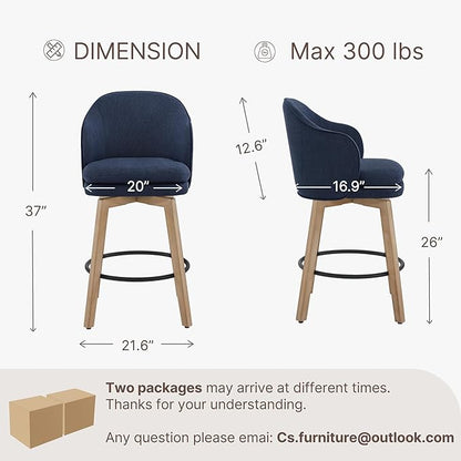 Counter Height Barstools 26 inch Upholstered Swivel Bar Stools with Back and Wood Legs for Kitchen Island,Set of 4,Blue Fabric
