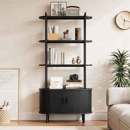 71" Tall Fluted Bookshelf with Sliding Tambour Doors, 4-Tier Mid Century Modern Metal Bookcase Cabinet w/Open Display Storage Shelf, Display Cabinet for Office, Living Room Black