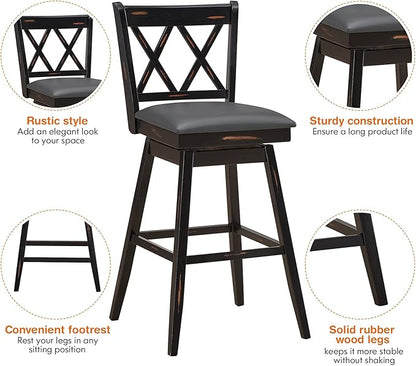 COSTWAY Bar Stool Set of 2, 360 ° Swivel Bar Height 29.5 inch Bar Stool with Foot Rest Upholstered Cushion & Ergonomic Backrest, Sturdy Frame, for Pub, Restaurant, Home (2, Black + Grey)