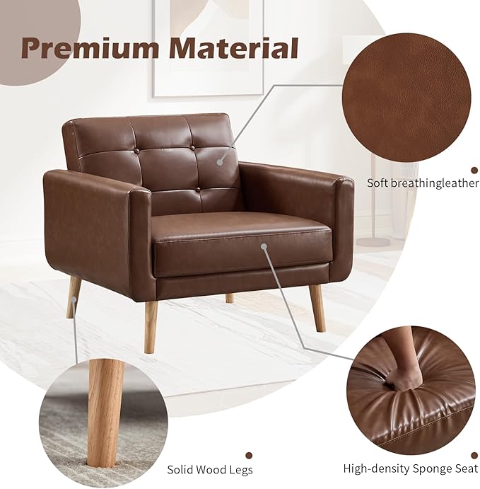 CANMOV 29" W Oversized Leather Accent Chair Set of 2, Armchair Button Back, Mid Century Modern Accent Chairs for Living Room, Modern Upholstered Bed Room Chair Cozy Armchair with Wood Legs, Brown