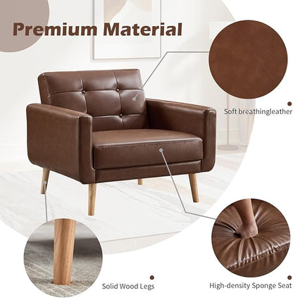 CANMOV 29" W Oversized Leather Accent Chair Set of 2, Armchair Button Back, Mid Century Modern Accent Chairs for Living Room, Modern Upholstered Bed Room Chair Cozy Armchair with Wood Legs, Brown
