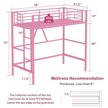 VECELO Metal Loft Bed Twin Size, Heavy Duty Bedframe with Removable Ladder and Safety Guardrail, Space-Saving, Noise Free, No Box Spring Needed, Light Pink