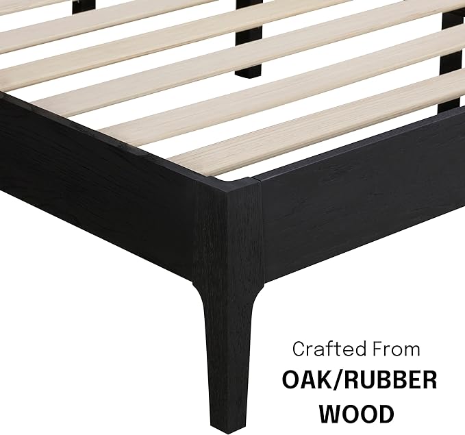 NTC Ruby Wooden Bed Frame with Headboard and Natural Rattan, Solid Oak Foundation with Silent Slats, 1000 Lb Capacity, Effortless Assembly, Queen - Burnt Black