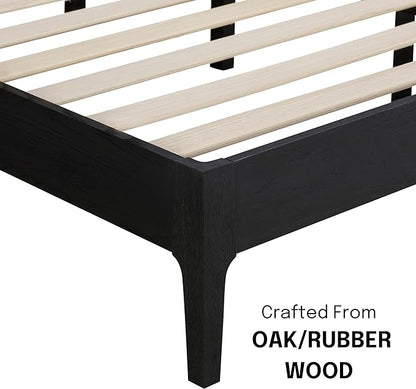 NTC Ruby Wooden Bed Frame with Headboard and Natural Rattan, Solid Oak Foundation with Silent Slats, 1000 Lb Capacity, Effortless Assembly, Queen - Burnt Black
