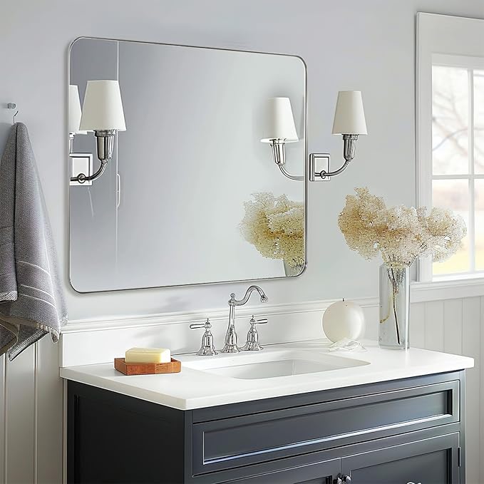 ANDY STAR Square Brushed Nickel Mirror for Bathroom, 24”x24” Silver Metal Frame Wall Mirror, Rounded Corner Stainless Steel Hangs Horizontal Or Vertical