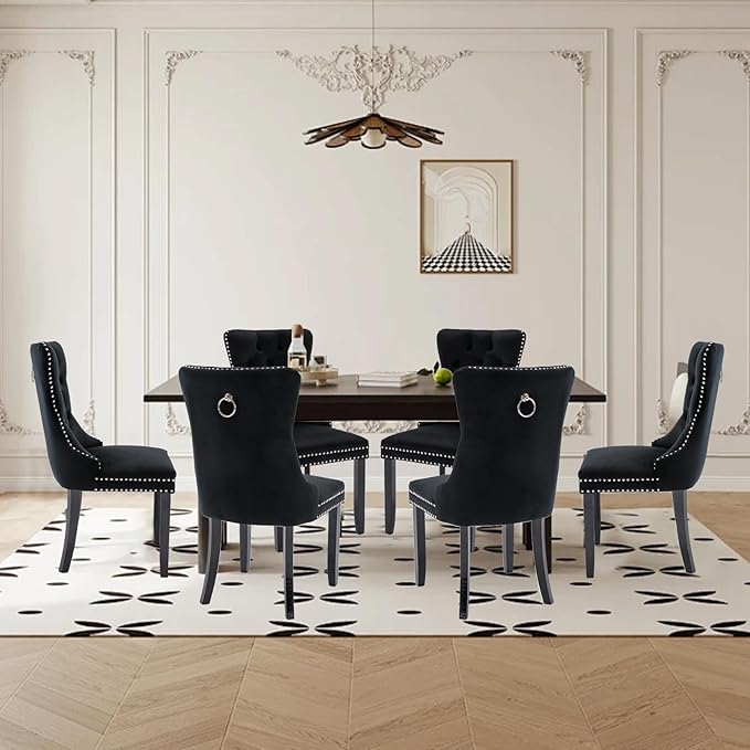Velvet Upholstered Dining Chairs Set of 8, Modern Style Kitchen Side Chairs with Nailhead Trim and Wood Legs,Metal Pulling Ring for Dining Room Living Room(Black)