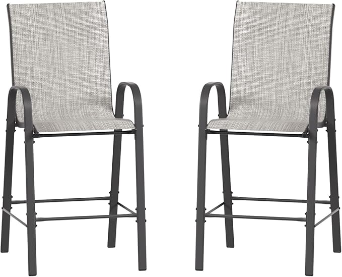 Amopatio Outdoor Stools Set of 2, Comfortable All-Weather Textile Bar Height Patio Chairs, Sturdy High Back Outdoor Chairs for Backyard, Porch, Light Grey
