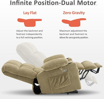 MCombo Dual Motor Power Lift Recliner Chair with Massage and Heat for Elderly People, Infinite Position, USB Ports, Cup Holders, Fabric 7890 (Medium, Beige)
