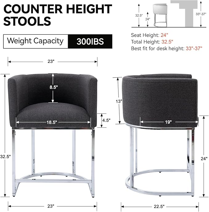 Contemporary Charcoal Linen Bar Stools Set of 2, 24" Upholstered Fabric Counter Height Barstools Kitchen Counter Island Stools with Screwed Together Chrome Finish Base