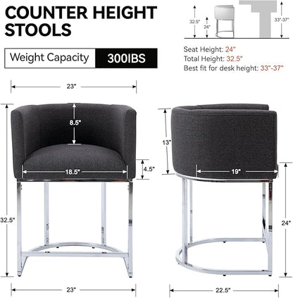 Contemporary Charcoal Linen Bar Stools Set of 2, 24" Upholstered Fabric Counter Height Barstools Kitchen Counter Island Stools with Screwed Together Chrome Finish Base