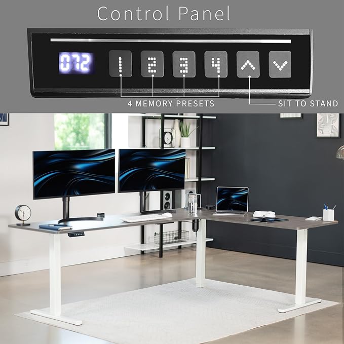 VIVO Corner Standing Desk, 84 x 63 inch Reversible L-Shaped Workstation, Electric Height Adjustment, Home, Office, and Reception Rooms, Dark Gray Table Top White Frame, DESK-E3CTWG-84