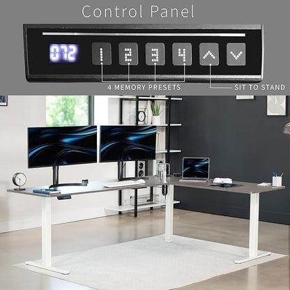 VIVO Corner Standing Desk, 84 x 63 inch Reversible L-Shaped Workstation, Electric Height Adjustment, Home, Office, and Reception Rooms, Dark Gray Table Top White Frame, DESK-E3CTWG-84