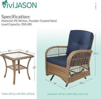VIVIJASON 3-Piece Outdoor Patio Furniture Set, Outdoor Wicker Glider Rocking Chairs Rattan Conversation Bistro Sets w/ 2 Rattan Cushioned Chairs and Glass Top Side Table for Porch Backyard, Navy Blue