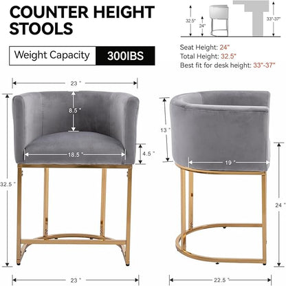 Contemporary Grey Velvet Bar Stools Set of 4, 24" Upholstered Fabric Counter Height Barstools Kitchen Counter Island Stools with Screwed Together Golden Metal Base
