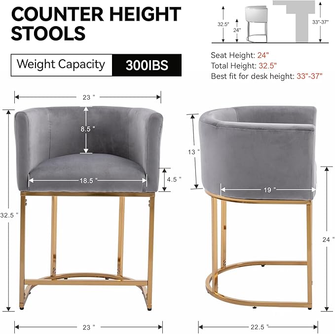 Contemporary Grey Velvet Bar Stools Set of 3, 24" Upholstered Fabric Counter Height Barstools Kitchen Counter Island Stools with Screwed Together Golden Metal Base