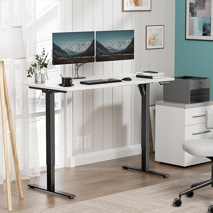 One-Piece Electric Standing Desk, 48 x 24 Inch Adjustable Height Sit to Stand Up Desk for Home Office, Work & Study, Black Frame & White Desktop (2 Packages)