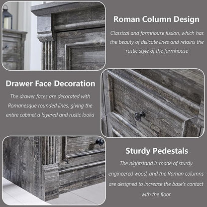 Farmhouse 6 Drawers Dresser for Bedroom, 48" Wide Large Dressers & Chests of Drawers w/Roman Column, Storage Dressers Organizer for Bedroom, Hallway, Living Room, Light Grey