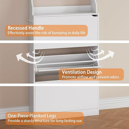 Shoe Cabinet for Entryway, White, 31.5 * 9.37 * 78.74 Inch, 3 Flip Drawers, 3 Shelves, Modern Style