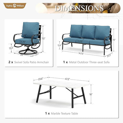 Sophia & William Patio Furniture Sets 5 Seats Outdoor Metal Conversation Sets 4 Pcs with 2 x Cushioned Swivel Sofa Chairs,1 x 3-Seat Sofa, 1x Marbling Metal Coffee Table Lawn Backyard Poolside Navy