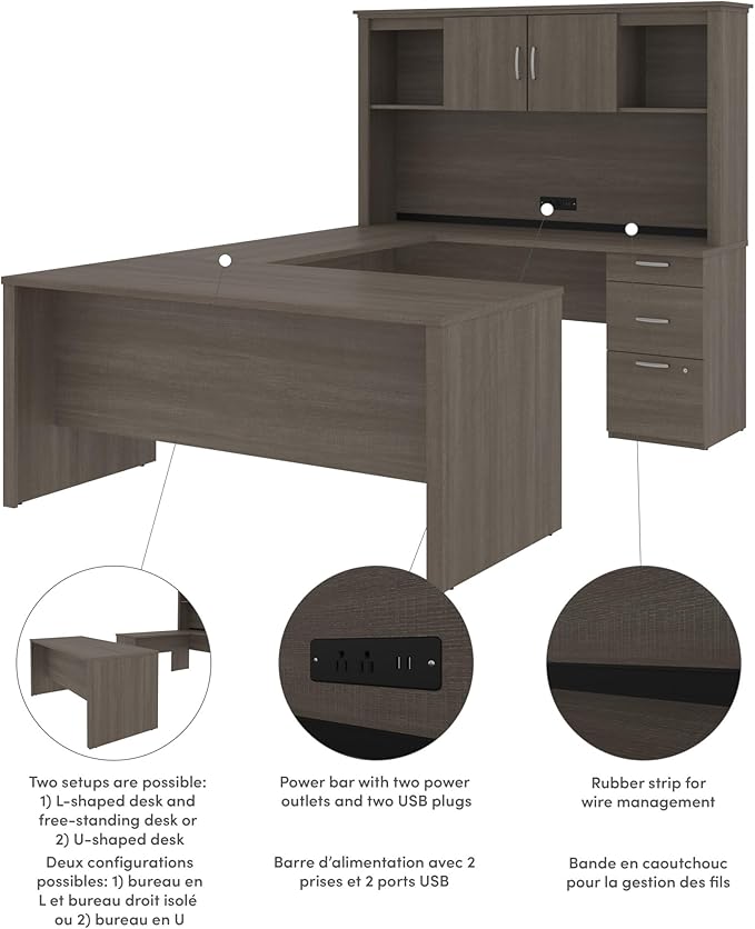 Bestar Logan 66W U or L-Shaped Executive Office Desk with Pedestal and Hutch in Bark Grey, Table Workstation for Personal Home Workspace