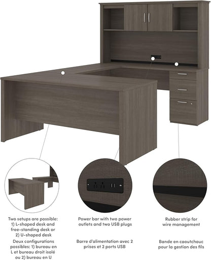 Bestar Logan 66W U or L-Shaped Executive Office Desk with Pedestal and Hutch in Bark Grey, Table Workstation for Personal Home Workspace