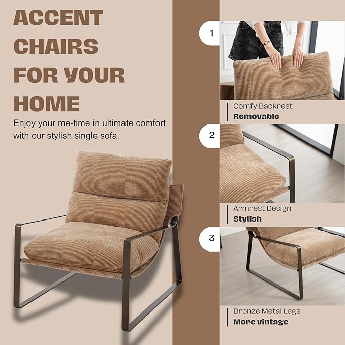 HEAH-YO Modern Accent Chairs Set of 2, Upholstered Chenille Living Room Chairs with Bronze Metal Legs, Comfy Arm Side Chairs for Bedroom, Khaki