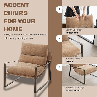 HEAH-YO Modern Accent Chairs Set of 2, Upholstered Chenille Living Room Chairs with Bronze Metal Legs, Comfy Arm Side Chairs for Bedroom, Khaki