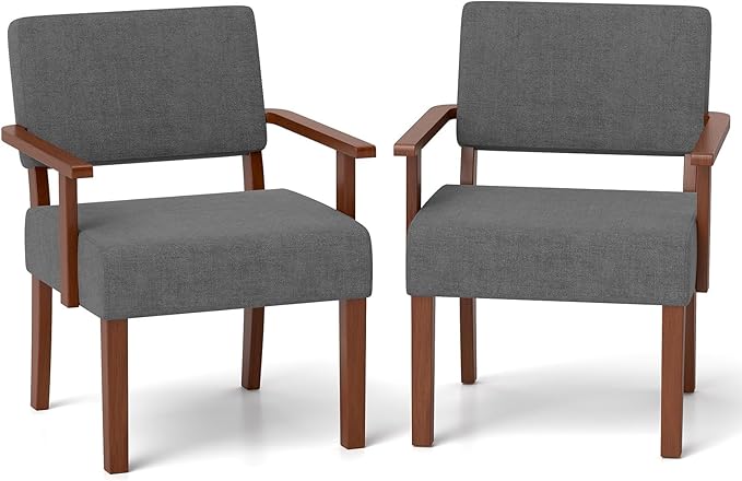 KOMFOTT Upholstered Accent Chairs Set of 2, Mid-Century Modern Armchair with Rubber Wood Frame, Linen Living Room Chairs with Padded Seat & Backrest, Reading Chair for Bedroom, Waiting Room, Grey