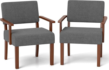 KOMFOTT Upholstered Accent Chairs Set of 2, Mid-Century Modern Armchair with Rubber Wood Frame, Linen Living Room Chairs with Padded Seat & Backrest, Reading Chair for Bedroom, Waiting Room, Grey