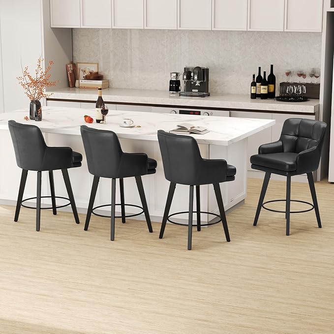 360°Swivel Counter Height Bar Stools with Back, 26 inch Solid Wood Legs, Bar Stool Modern Kitchen Island Chairs, Faux Leather (Black- Faux Leather, 26" H- Set of 1)