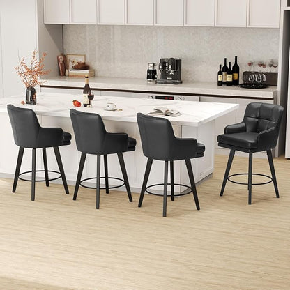 360°Swivel Counter Height Bar Stools with Back, 26 inch Solid Wood Legs, Bar Stool Modern Kitchen Island Chairs, Faux Leather (Black- Faux Leather, 26" H- Set of 6)
