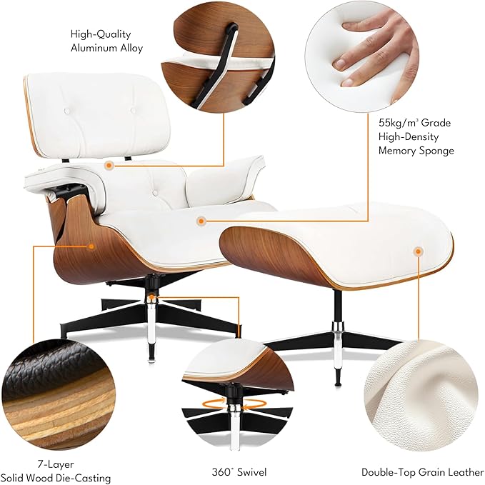 Top Grain Leather, Mid Century Chaise Lounge Chair and Ottoman, Modern Chair Classic Design, Heavy Duty Base Support for Living Room Study Lounge Office, Walnut-White, Heightening