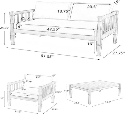 Scott Living Darla 4 Seater Conversation Set, Acacia Wood Loveseat and Club Chairs, Sofa Set with Cushion, Retangular Slats Coffee Table, 4 Piece Outdoor Rustic Acacia Wood Seating Set, Teak+Beige