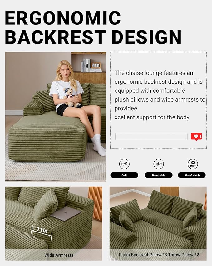95 Inch Cloud Sectional Couch,Modular Sectional Sofa with Deep Seat,Modern Corduroy Boneless Couches with L-Shape Chaise for Living Room Bedroom,No Assembly Required (Green, Left Facing Chaise)