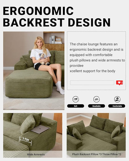 108 Inch Cloud Sectional Couch,Modern Modular Sectional Sofa with Deep Seat,Corduroy Boneless Couches with L-Shape Chaise for Living Room,No Assembly Required (Green, Left Facing Chaise + Ottoman)