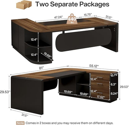 Tribesigns 81-Inch L-Shaped Office Desk, Large Commercial Office Desk with Drawers and File Cabinet, Modern Professional Business Furniture Workstations with Storage Shelves, Brown & Black