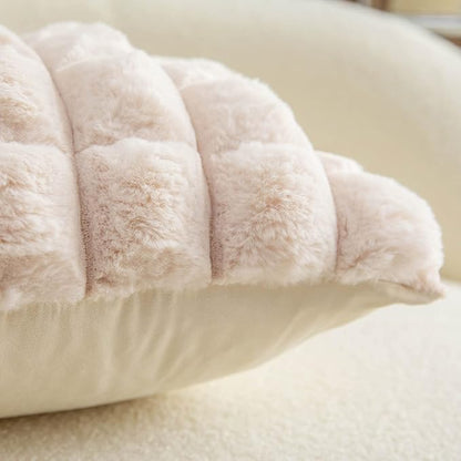 Neelvin Beige Faux Fur Cozy Soft Plaid Decorative Throw Pillow Covers 22x22 inch Set of 2,Velvet Pillowcase Cushion Case for Sofa Couch