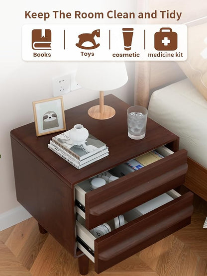 Solid Oak Wood Nightstand, Mid-Century Modern Bedside Table with 2 Drawers, Curved Profile End Table with Storage & Solid Wood Feet for Bedroom, Easy Assembly, Dark Walnut Color (15.7"Dx17.7"Wx21.6"H