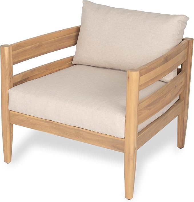 Christopher Knight Home Annie Acacia Wood Outdoor Chairs Set of 2, Patio Lounge Chair Outdoor with Slatted Back, Accent Chair with Cushions, Stylish Armchair for Balcony/Garden, Beige + Light Teak