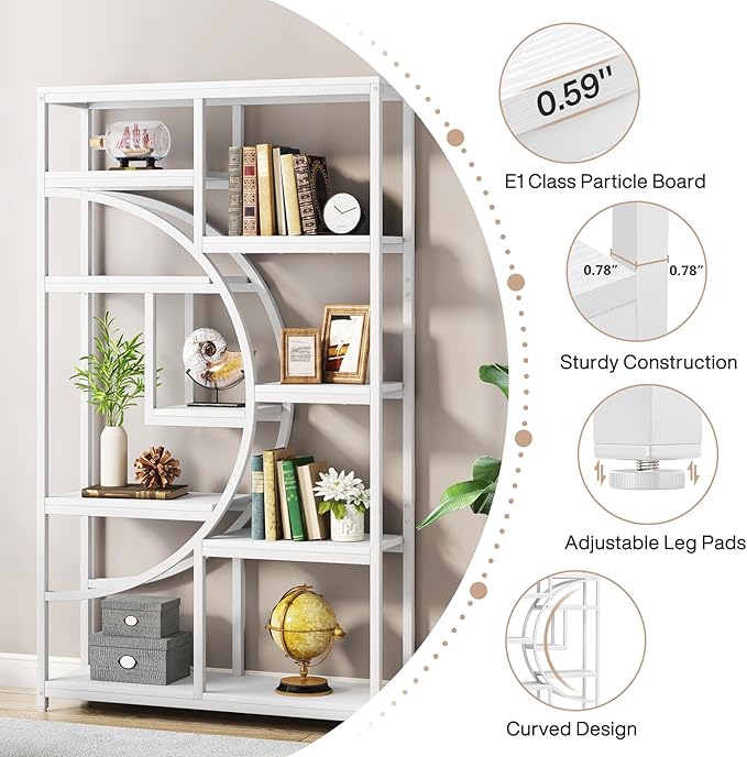 Tribesigns Bookshelf Industrial 5 Tier Etagere Bookcase, Freestanding Tall Bookshelves Display Shelf Storage Organizer with 9-Open Storage Shelf for Living Room, Bedroom (White, 2 Pack)