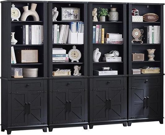 72in Tall Bookshelf 7 Tier Bookcase with Drawer and Barn Doors and Adjustable Shelves, Black Farmhouse Book Shelf with Storage Cabinet, Wood Freestanding Display Bookshelves for Kitchen (4PCS)