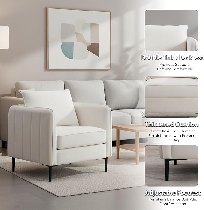 Velvet Accent Chairs Set of 2, Comfy Upholstered Single Sofa Chair Mid-Century Modern Armchair with Thick Cushion and Wood Frame Side Chair for Living Room Bedroom Apartment (Ivory)